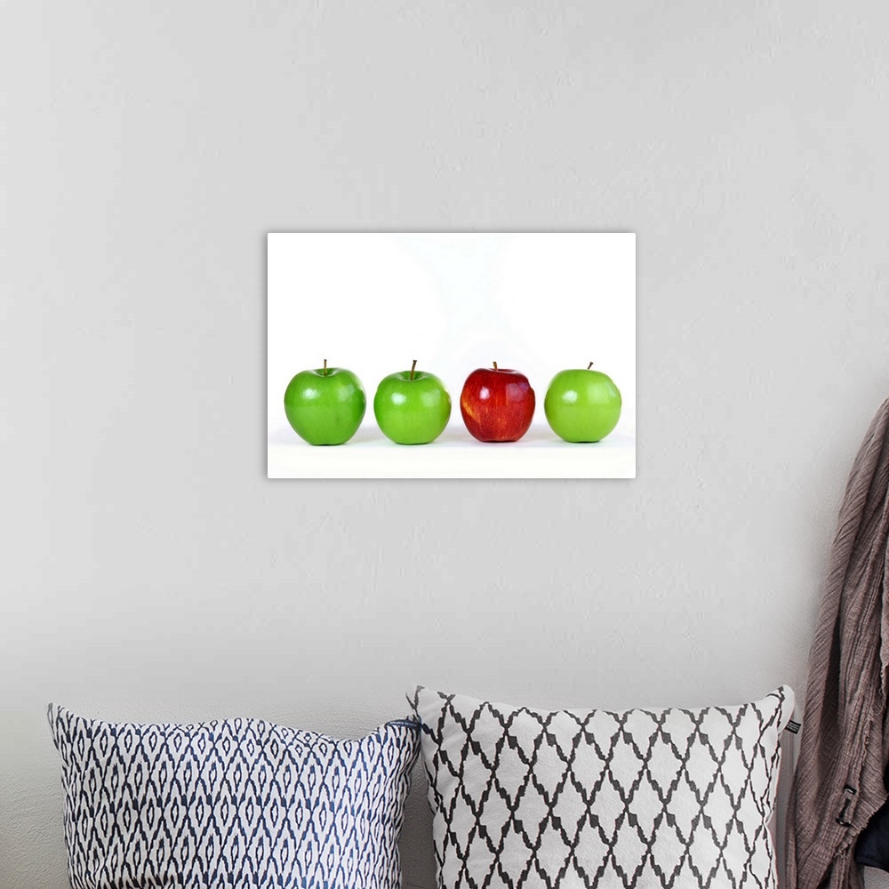 A bohemian room featuring Green and red apples for healthy eating or difference concepts