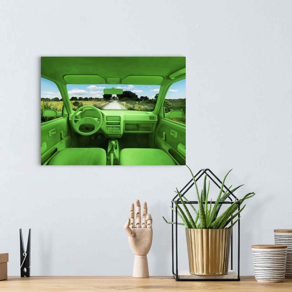 A bohemian room featuring A green car, take care of the environment, go green, down the road, movement, environmental value...
