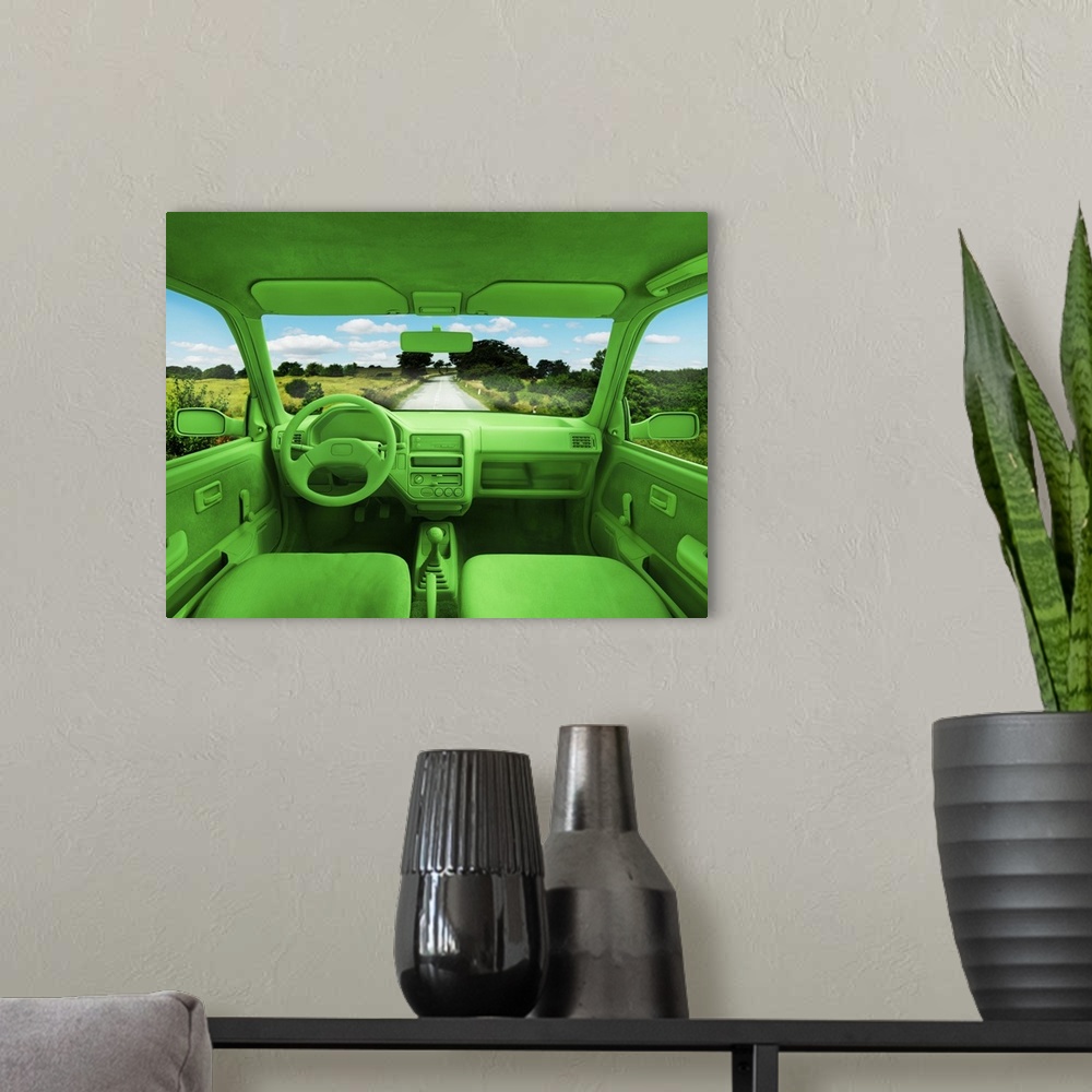 A modern room featuring A green car, take care of the environment, go green, down the road, movement, environmental value...