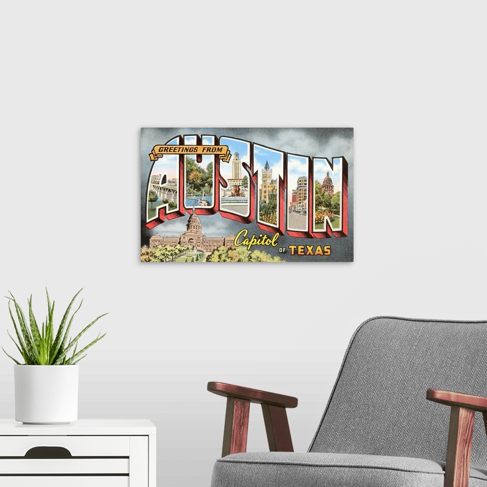 A modern room featuring Greetings from Austin, Capitol of Texas, large letter vintage postcard