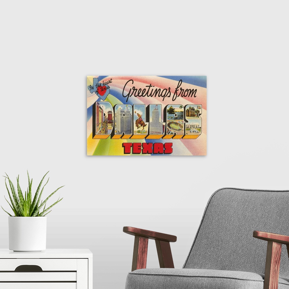 A modern room featuring Greetings from Dallas, Texas, in the Heart of Texas, large letter vintage postcard