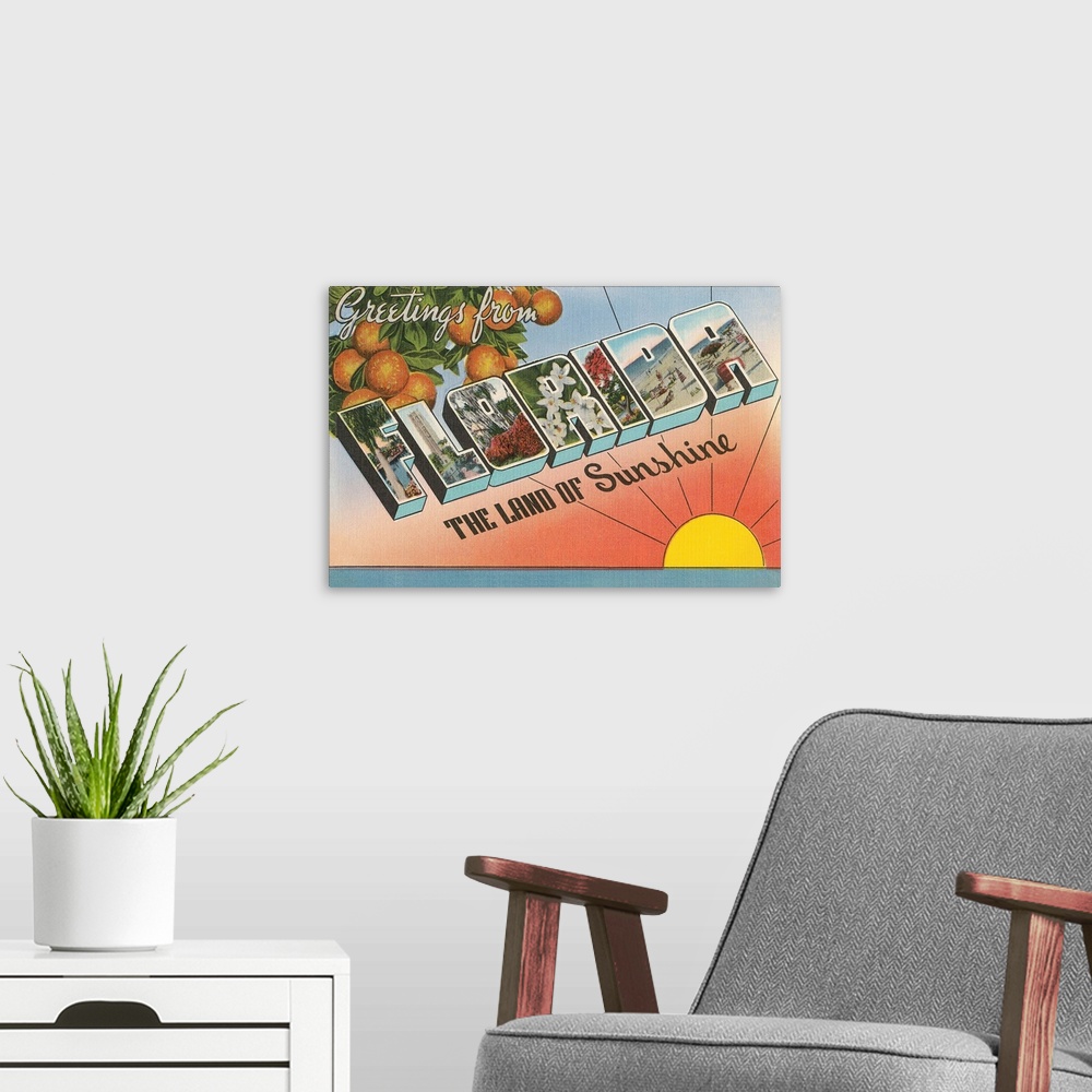 A modern room featuring Greetings from Florida, the Land of Sunshine, large letter vintage postcard