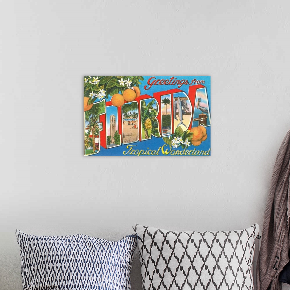 A bohemian room featuring Greetings from Florida, Tropical Wonderland, large letter vintage postcard