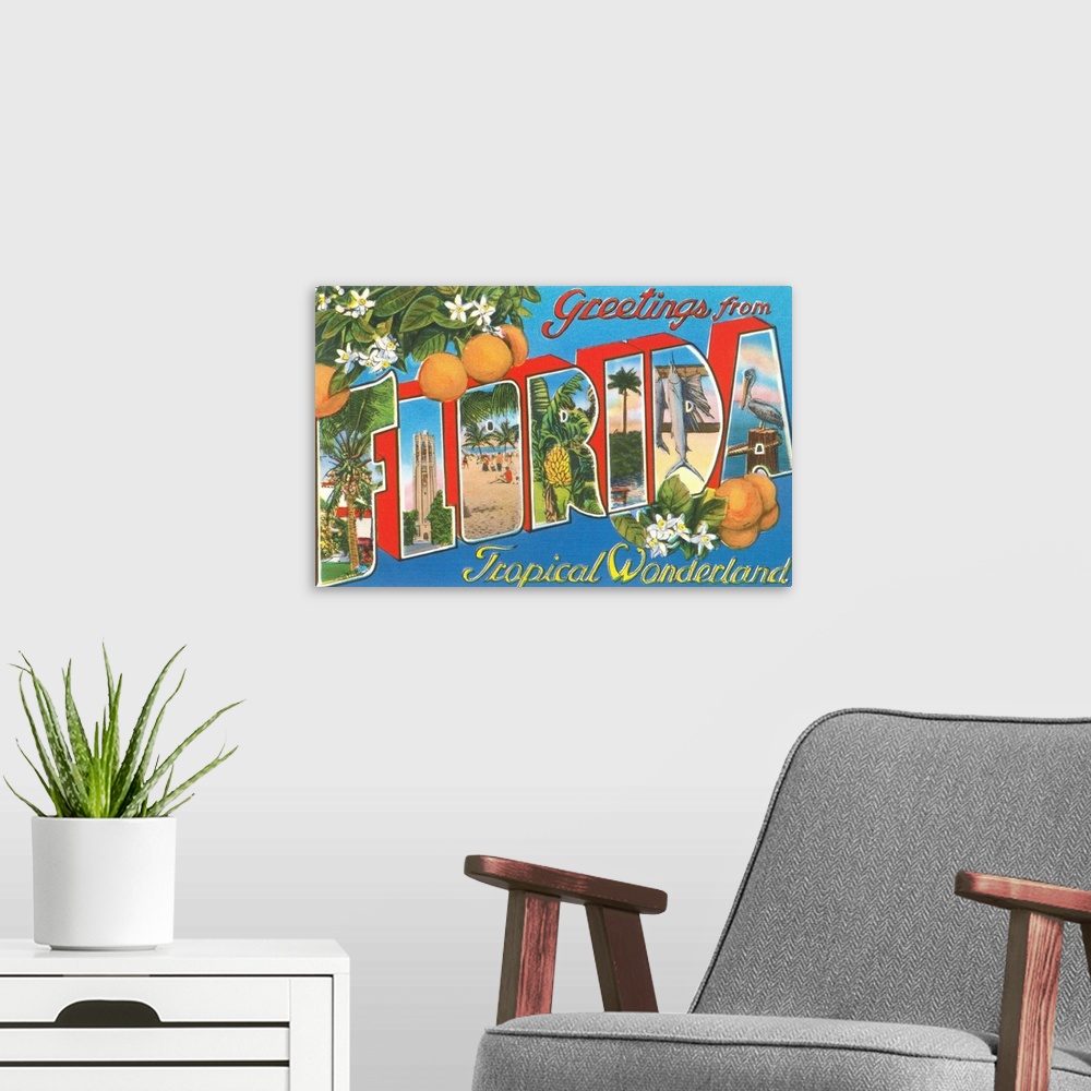 A modern room featuring Greetings from Florida, Tropical Wonderland, large letter vintage postcard