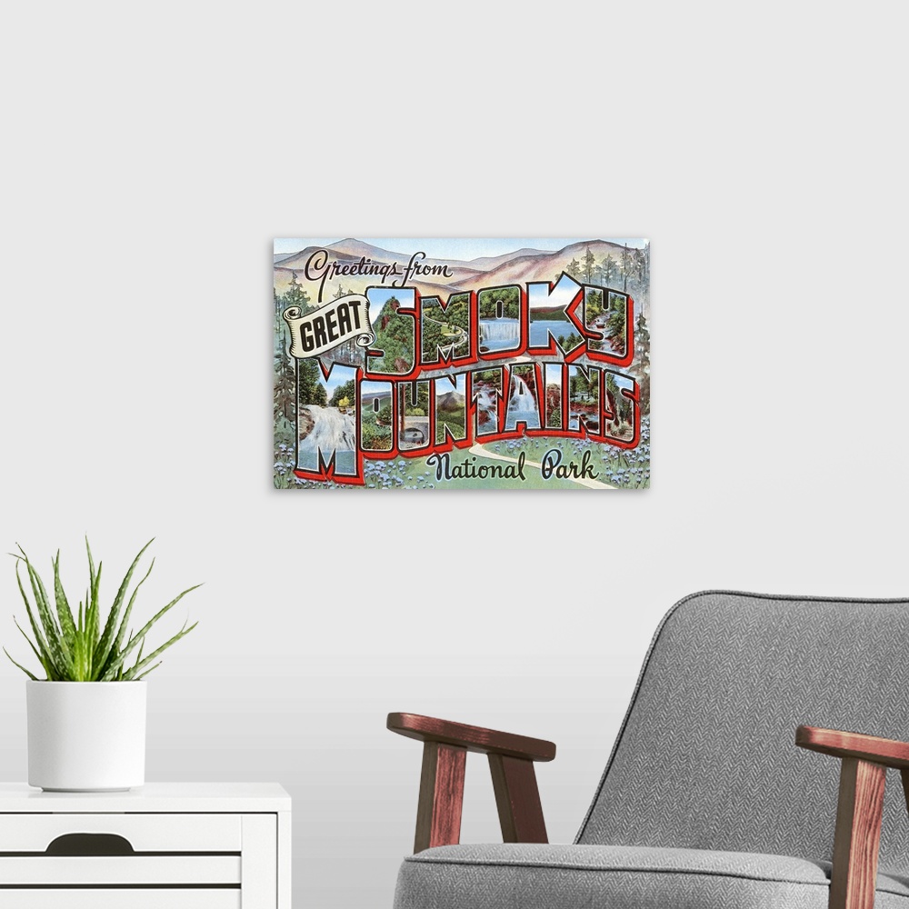 A modern room featuring Greetings from Great Smoky Mountains National Park large letter vintage postcard