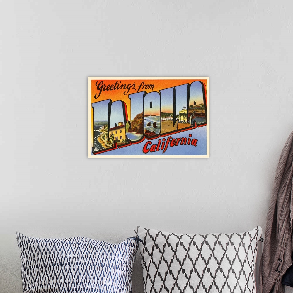 A bohemian room featuring Greetings from La Jolla, California large letter vintage postcard