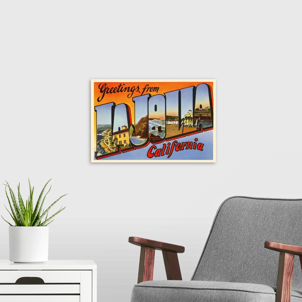 A modern room featuring Greetings from La Jolla, California large letter vintage postcard