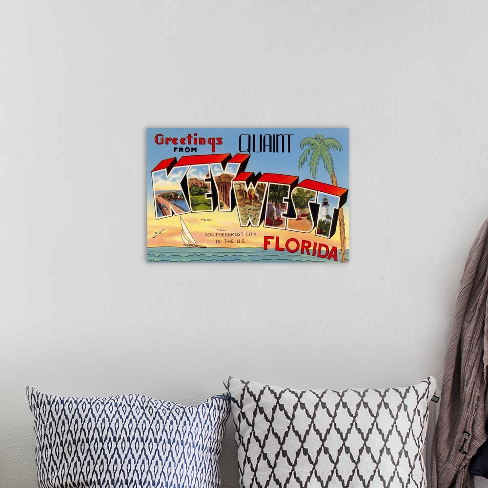 A bohemian room featuring Greetings from Quaint Key West, Florida, the Southernmost City in the U.S. large letter vintage p...