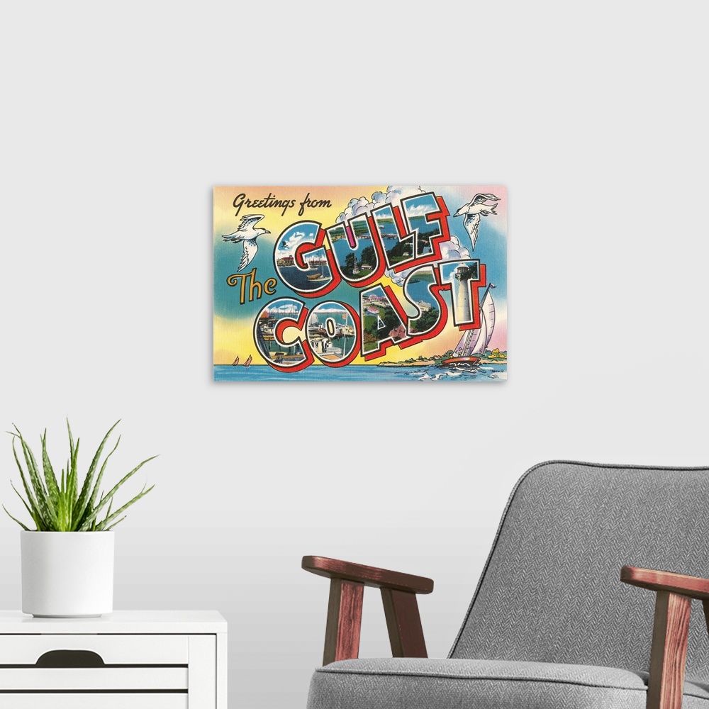 A modern room featuring Greetings from the Gulf Coast, Florida large letter vintage postcard