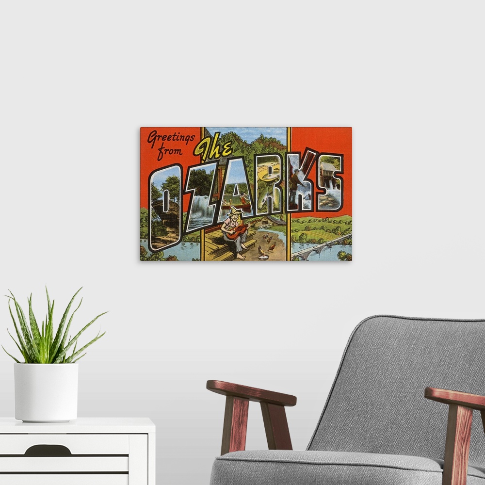 A modern room featuring Greetings from the Ozarks, Arkansas large letter vintage postcard