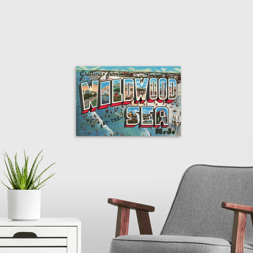 A modern room featuring Greetings from Wildwood-by-the-Sea, New Jersey large letter vintage postcard