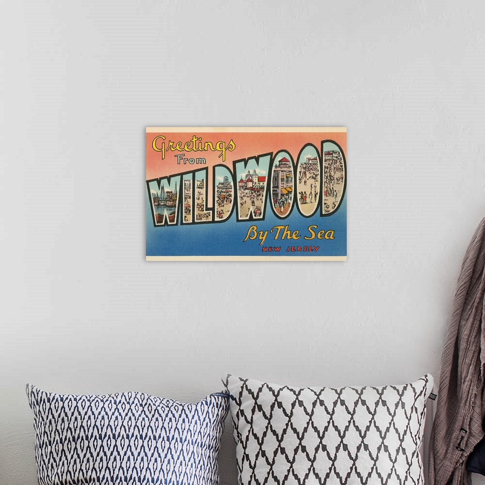 A bohemian room featuring Greetings from Wildwood-by-the-Sea, New Jersey large letter vintage postcard