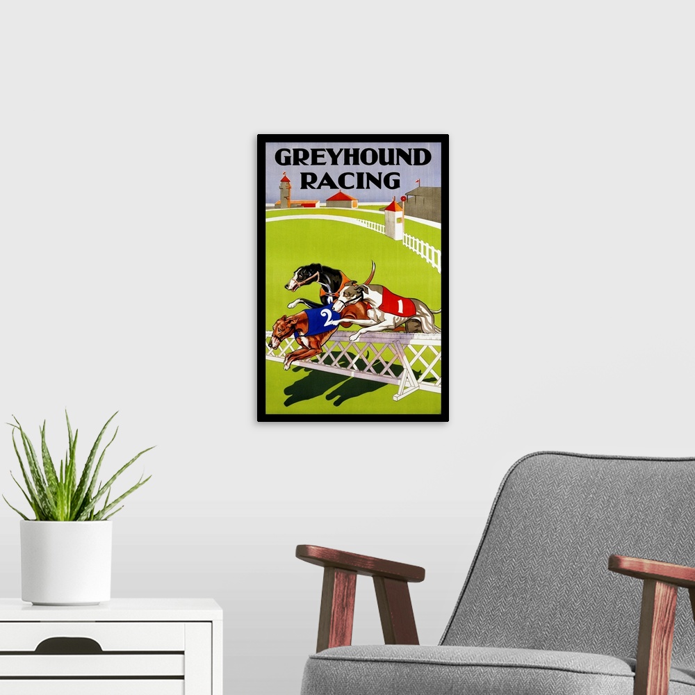 A modern room featuring ca. 1935 --- Greyhound Racing Poster --- Image by .. Swim Ink 2, LLC/CORBIS