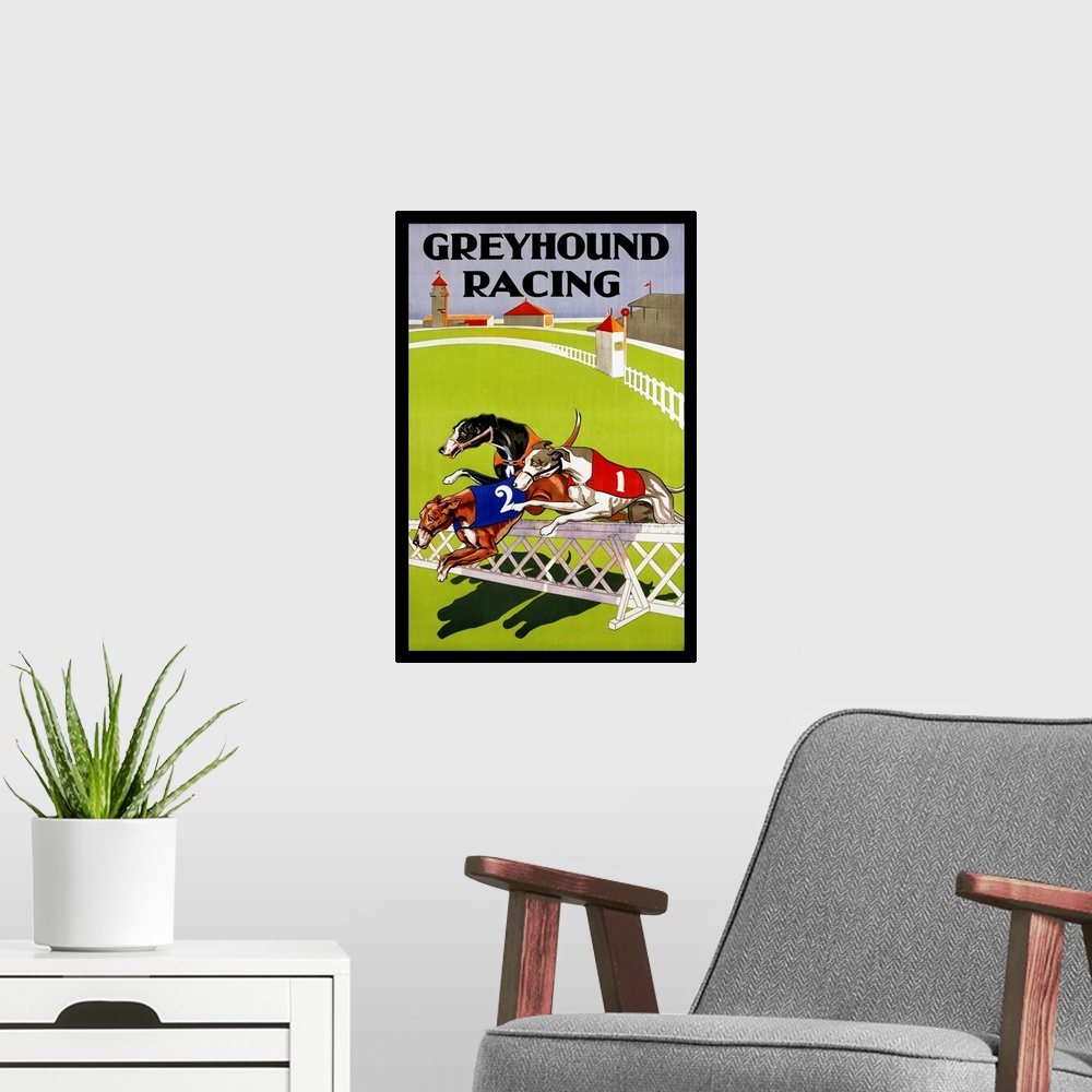 A modern room featuring ca. 1935 --- Greyhound Racing Poster --- Image by .. Swim Ink 2, LLC/CORBIS
