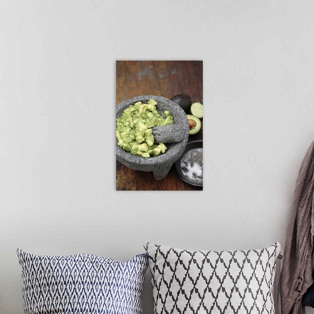 A bohemian room featuring Guacamole in mortar with pestle