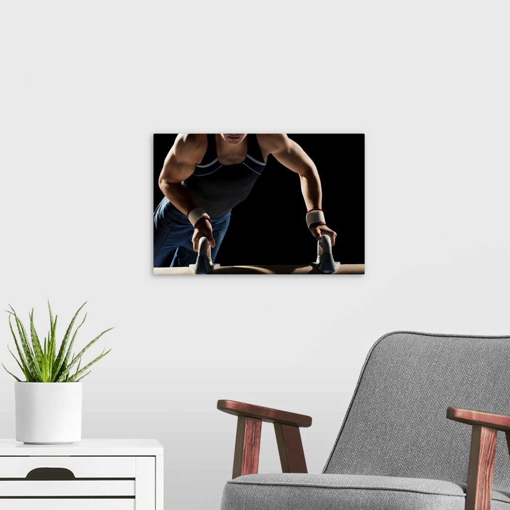 A modern room featuring Gymnast on pommel horse