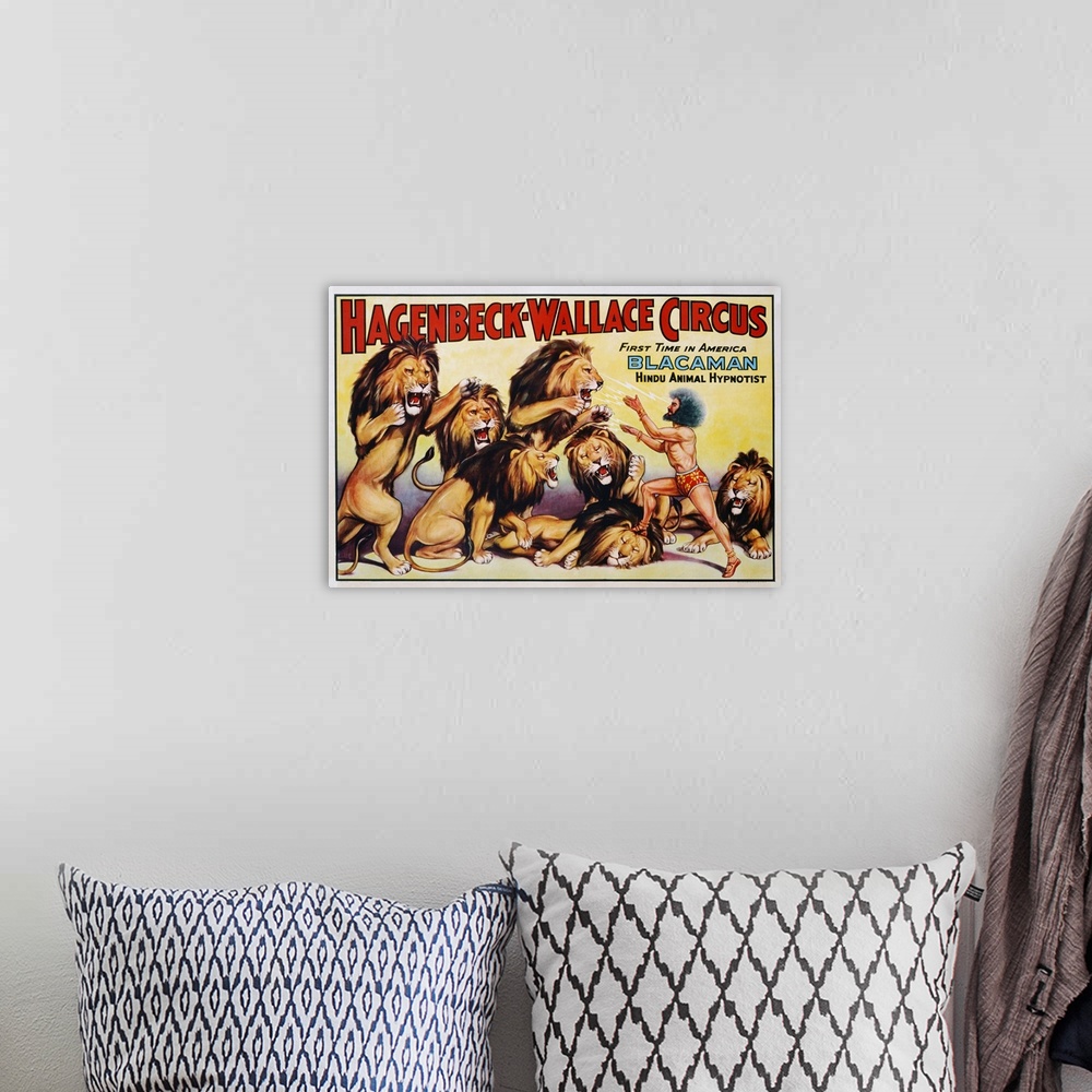 A bohemian room featuring Hagenbeck-Wallace Circus Poster with Hindu Animal Hypnotist