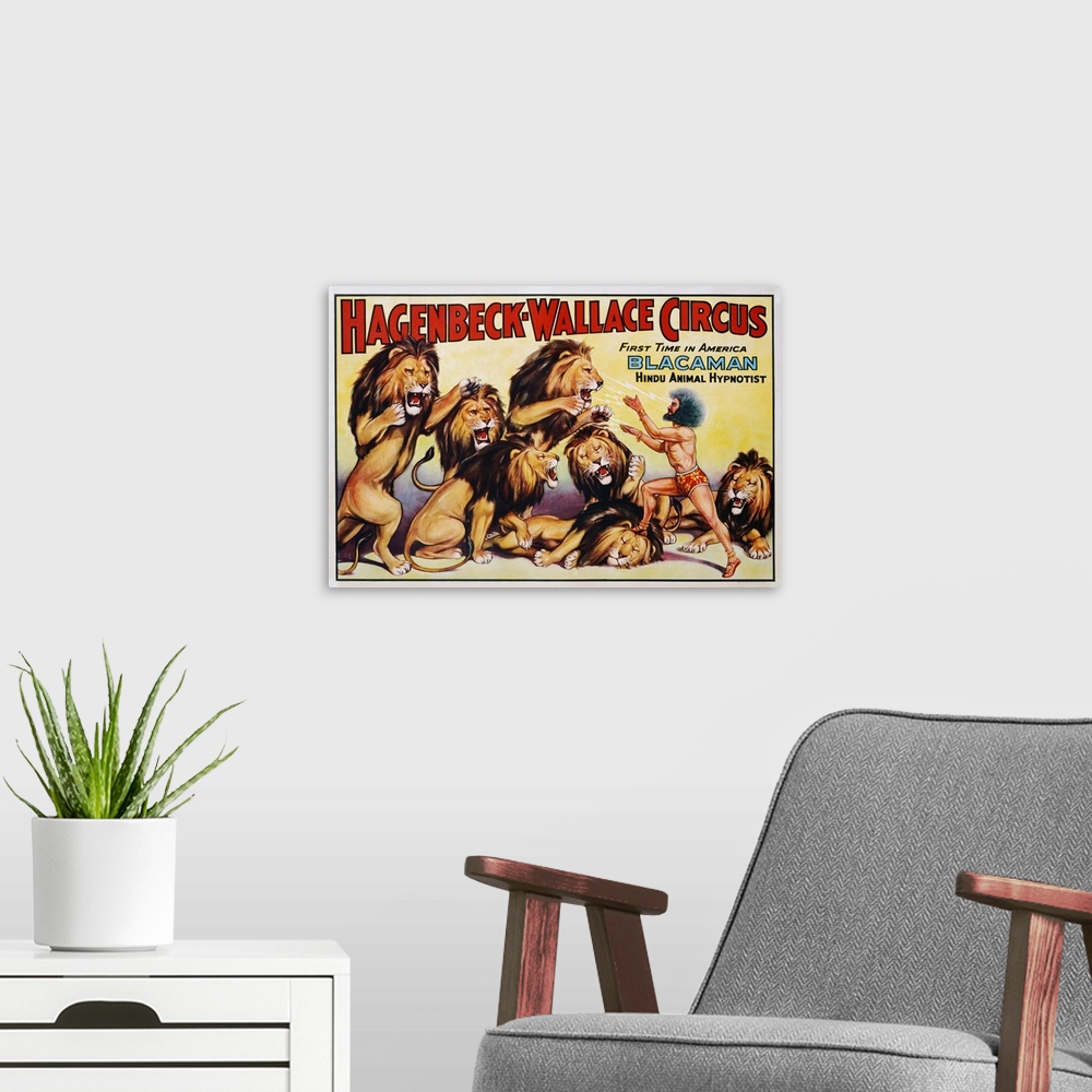 A modern room featuring Hagenbeck-Wallace Circus Poster with Hindu Animal Hypnotist