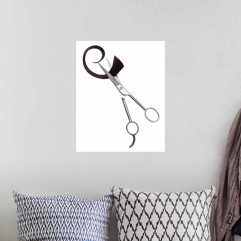 A bohemian room featuring Portrait photograph on a big canvas of a pair of hairdressing scissors, slightly open as they cle...