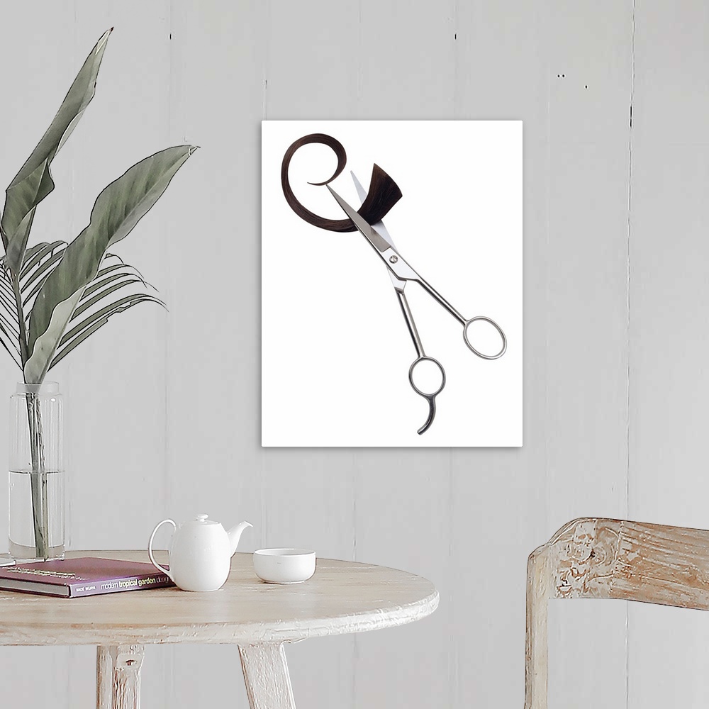 A farmhouse room featuring Portrait photograph on a big canvas of a pair of hairdressing scissors, slightly open as they cle...
