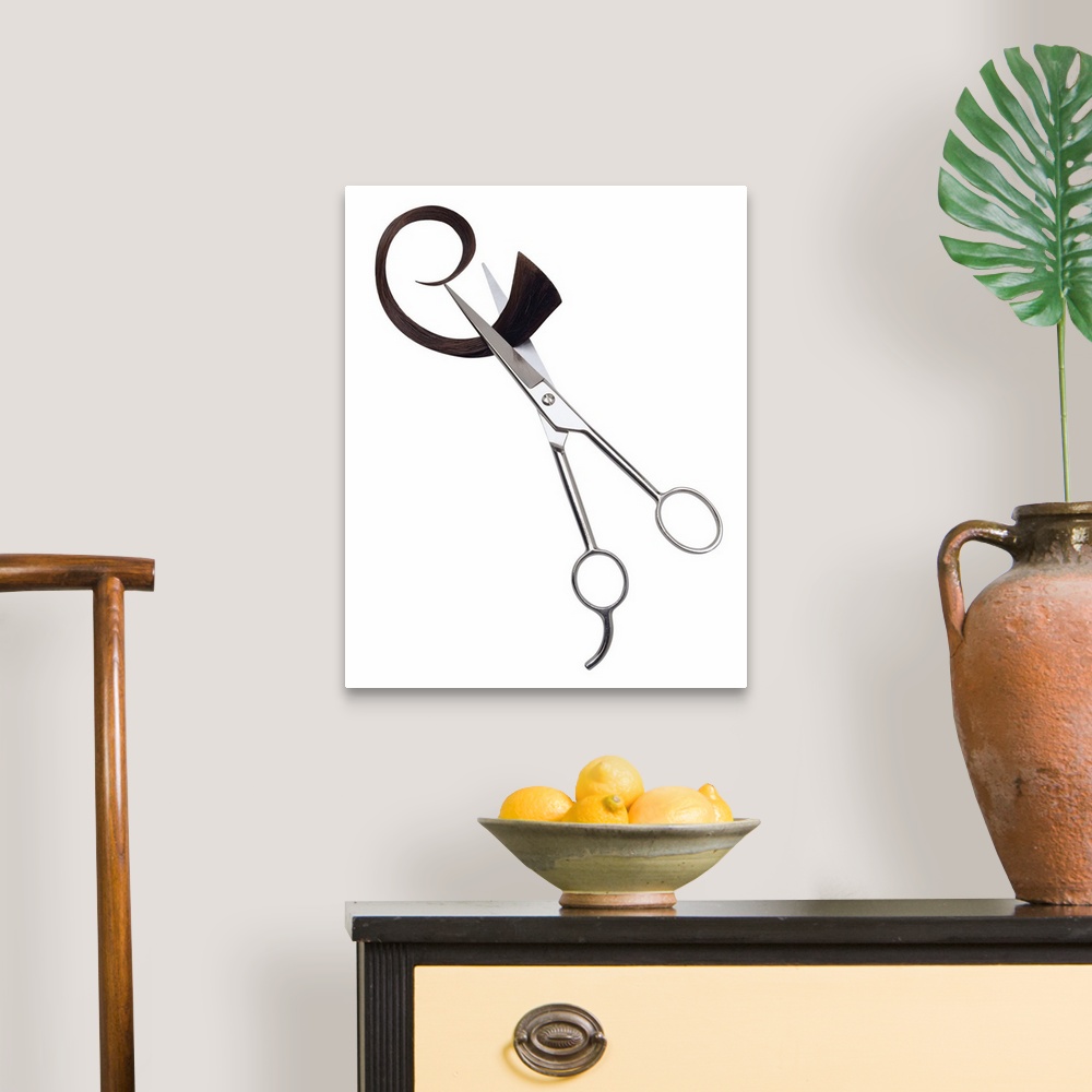 A traditional room featuring Portrait photograph on a big canvas of a pair of hairdressing scissors, slightly open as they cle...
