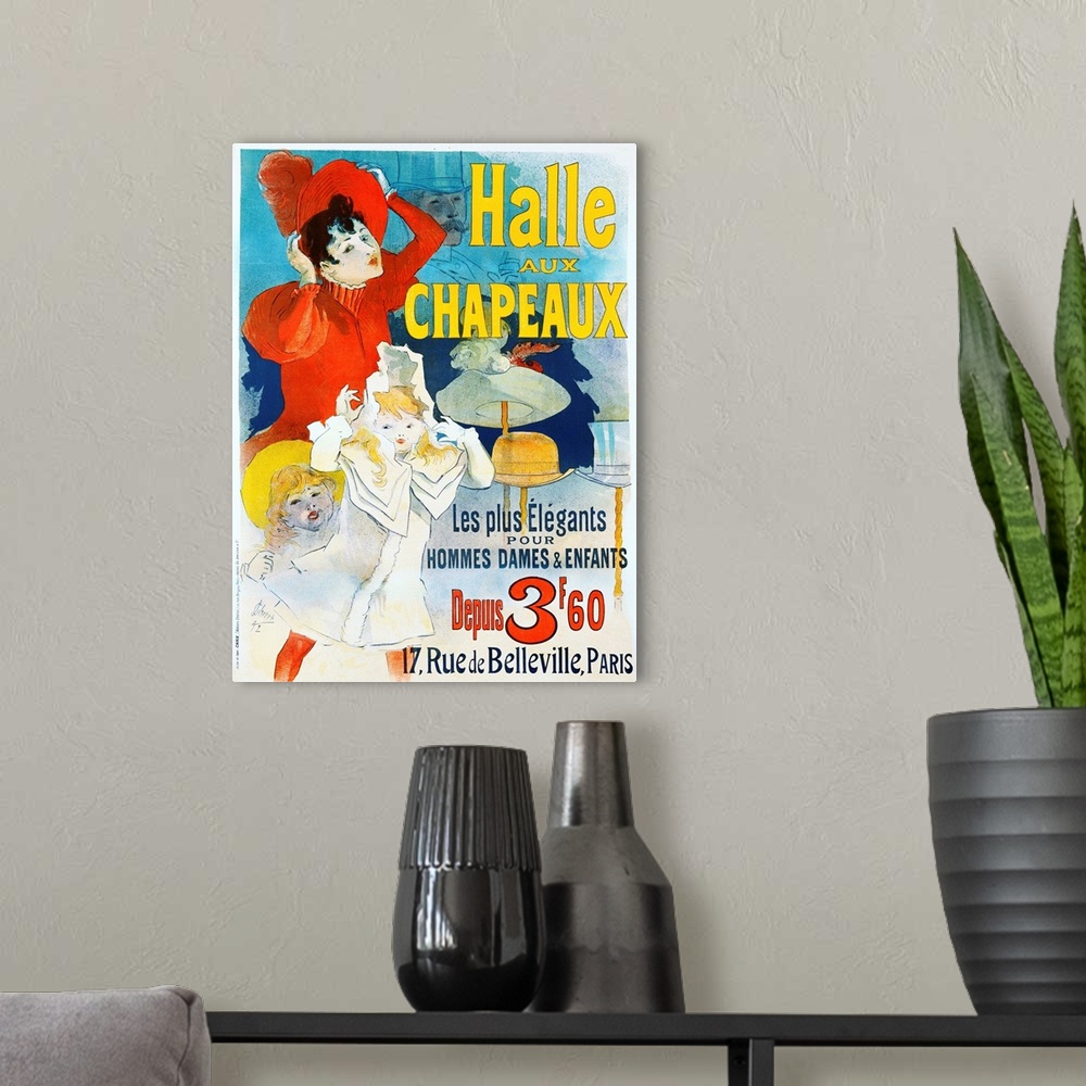 A modern room featuring Halle Aux Chapeaux Poster By Jules Cheret