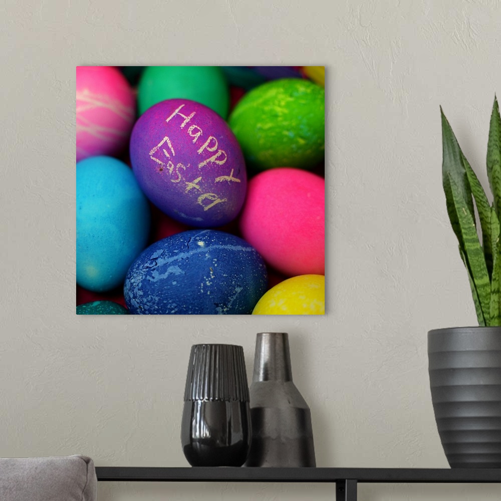 A modern room featuring Dyed Easter eggs with crayon greeting message.