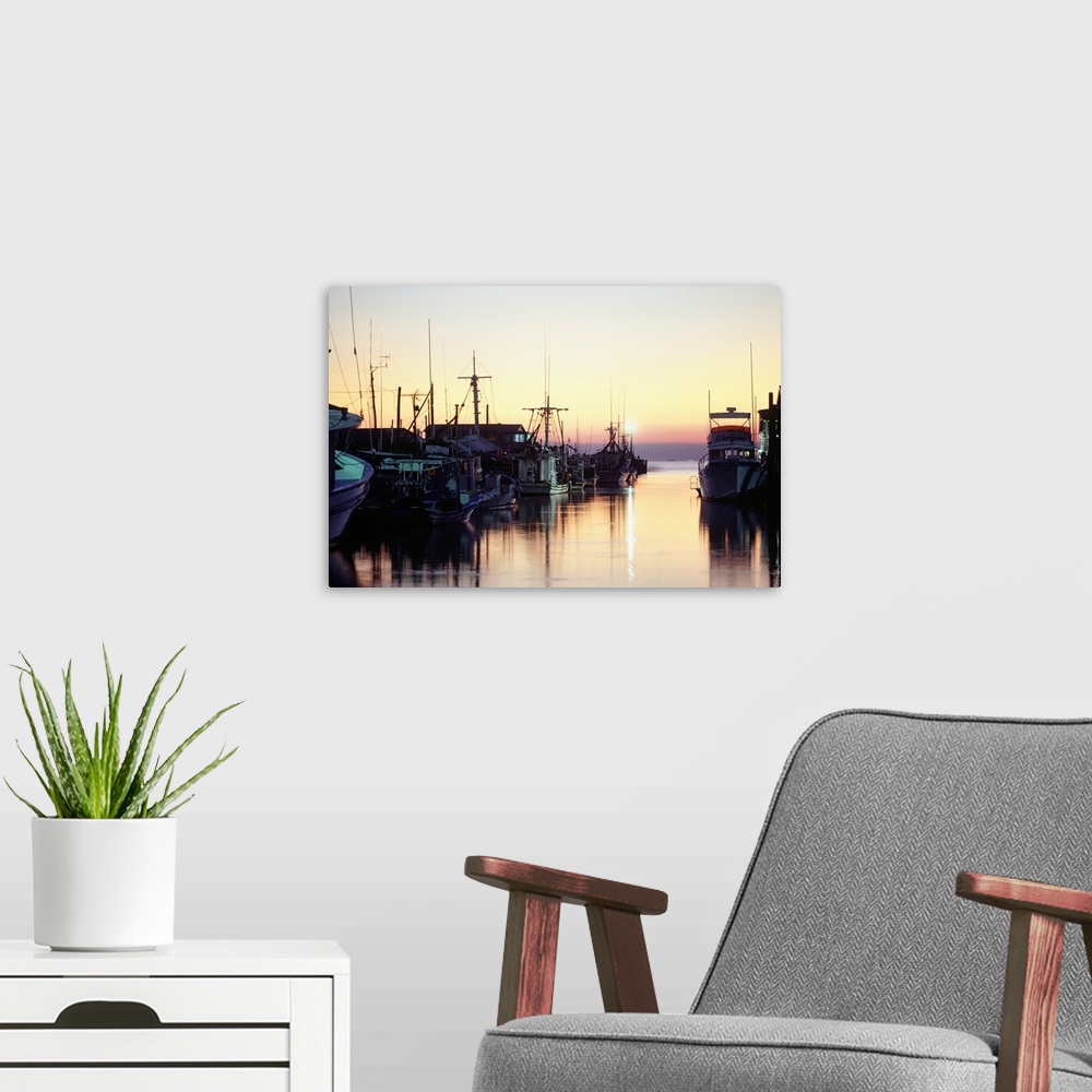 A modern room featuring Harbour at sunset, Louisiana, USA