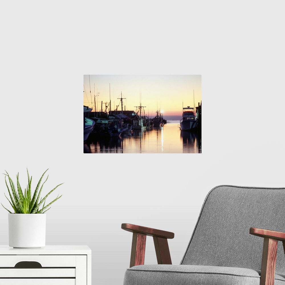 A modern room featuring Harbour at sunset, Louisiana, USA