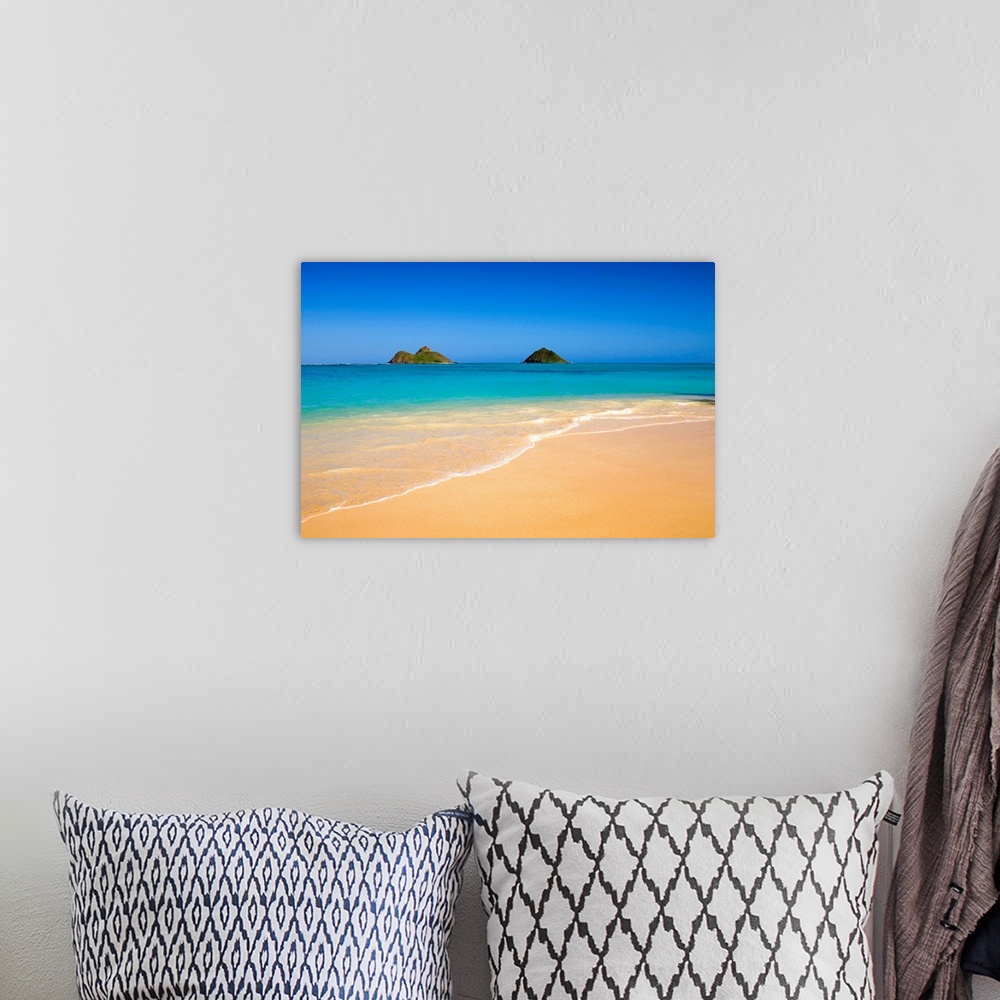 A bohemian room featuring Hawaii, Oahu, Lanikai Beach, Mokulua Islands, scenic landscape on a bright day