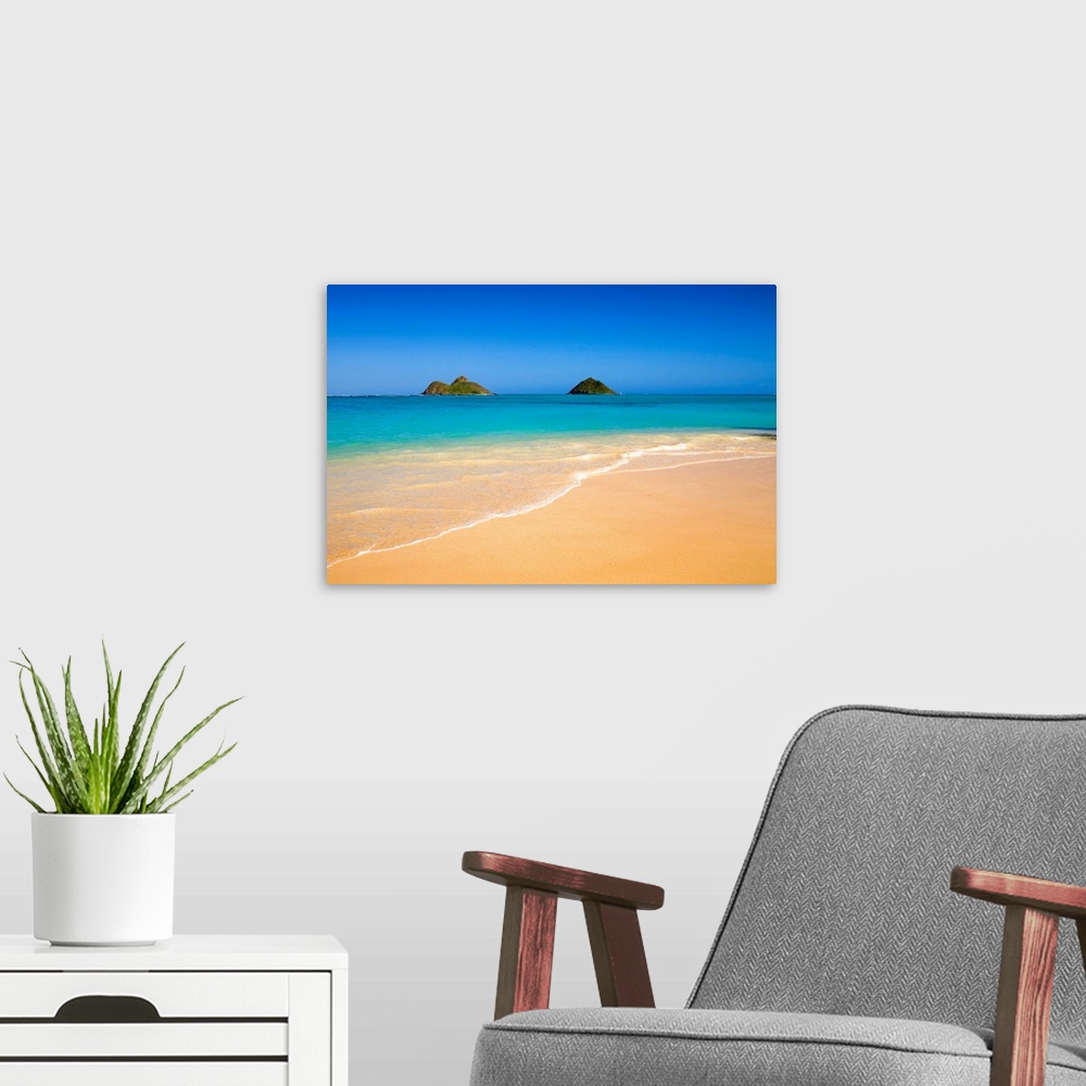 A modern room featuring Hawaii, Oahu, Lanikai Beach, Mokulua Islands, scenic landscape on a bright day
