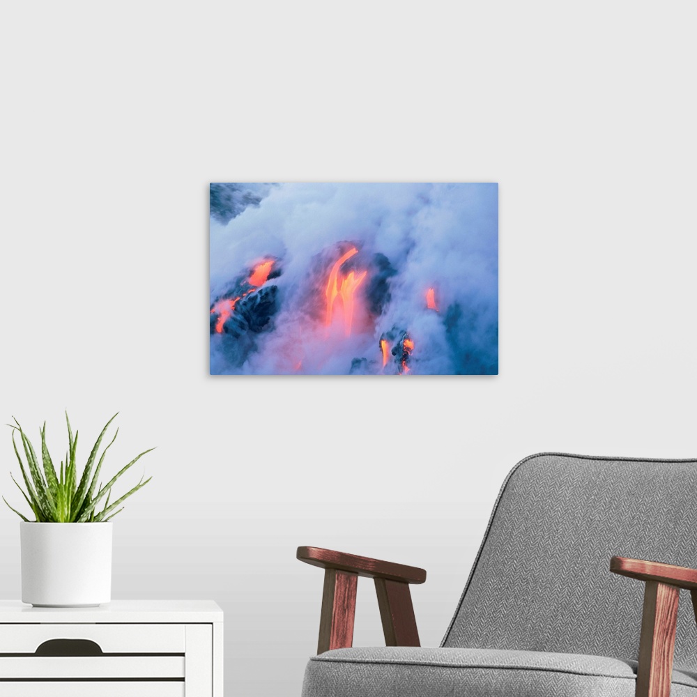 A modern room featuring HAWAII VOLCANOES NATIONAL PARK WITH KILAUEA LAVA FLOW