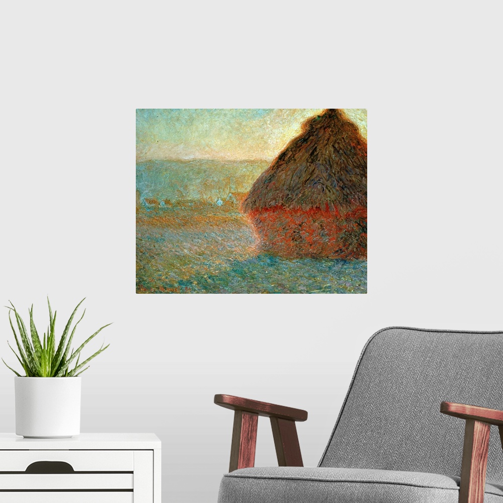 A modern room featuring Haystack At Sunset By Claude Monet