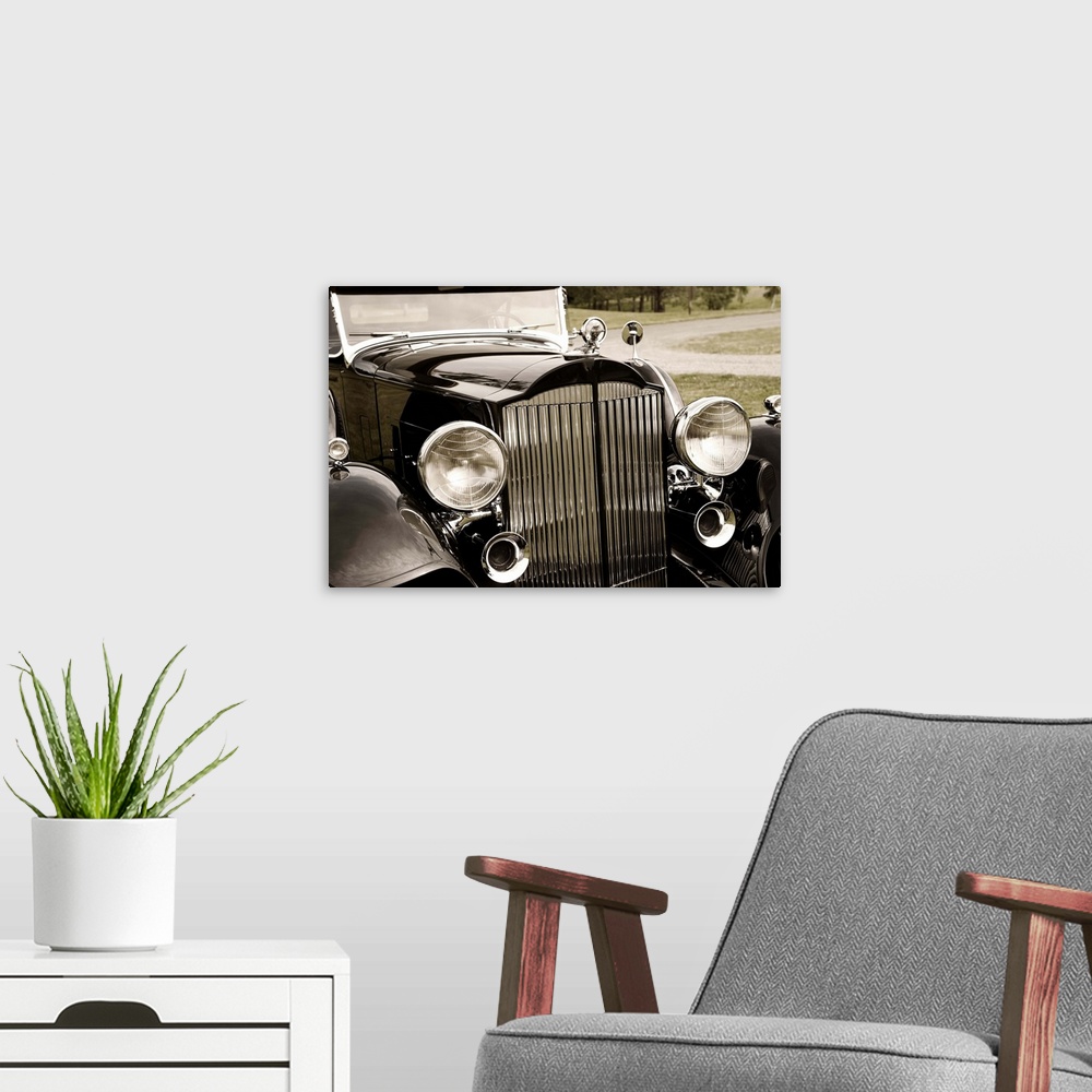 A modern room featuring Headlights of vintage car