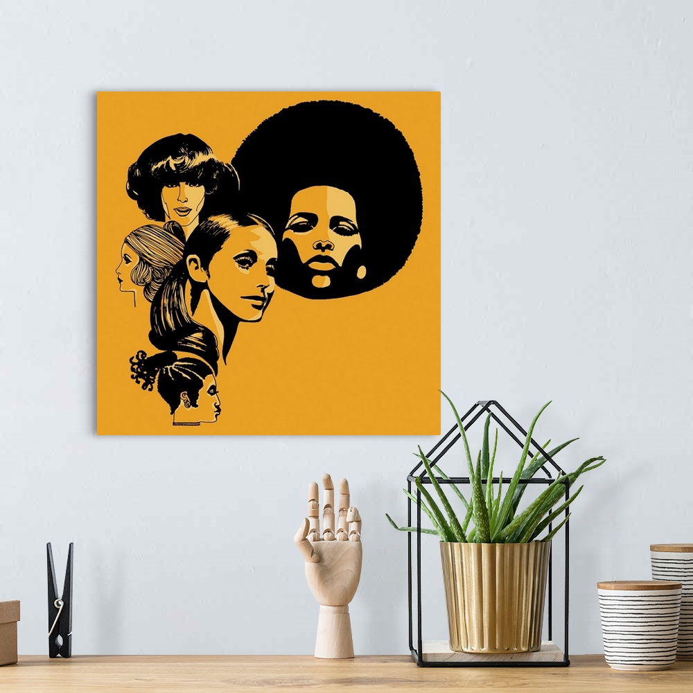 A bohemian room featuring Headshots of women with retro hairstyles