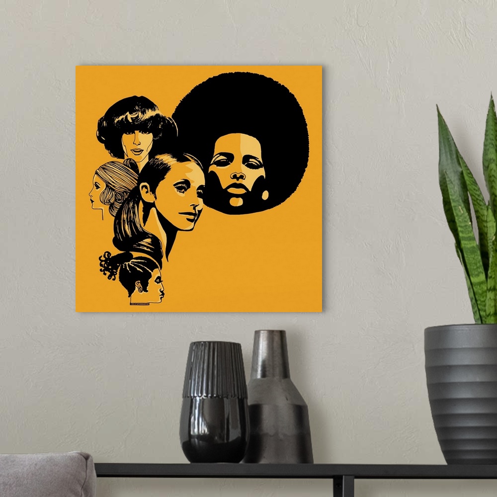 A modern room featuring Headshots of women with retro hairstyles