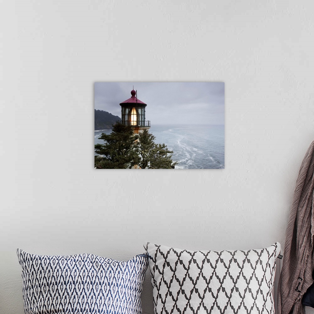 A bohemian room featuring USA, Oregon, Florence, Summer fog along Pacific Ocean coastline and Heceta Head Lighthouse