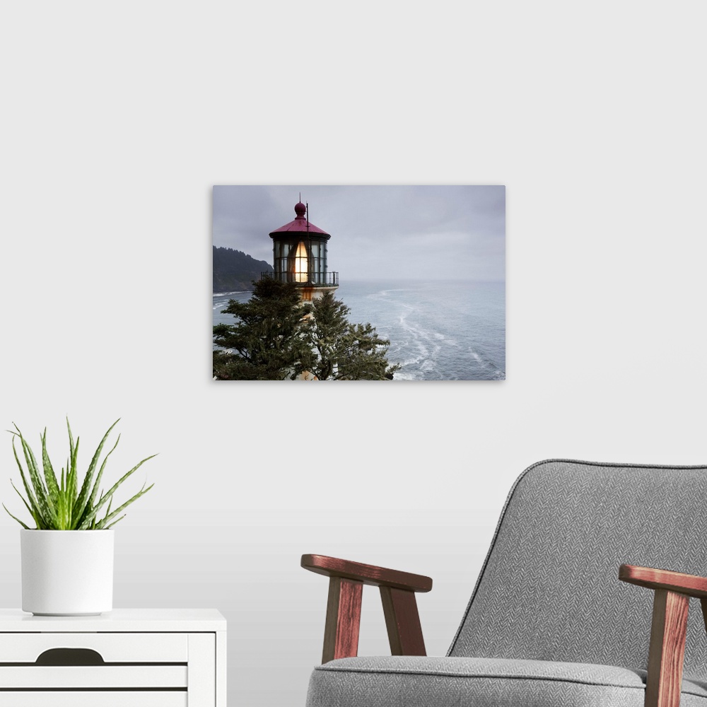 A modern room featuring USA, Oregon, Florence, Summer fog along Pacific Ocean coastline and Heceta Head Lighthouse
