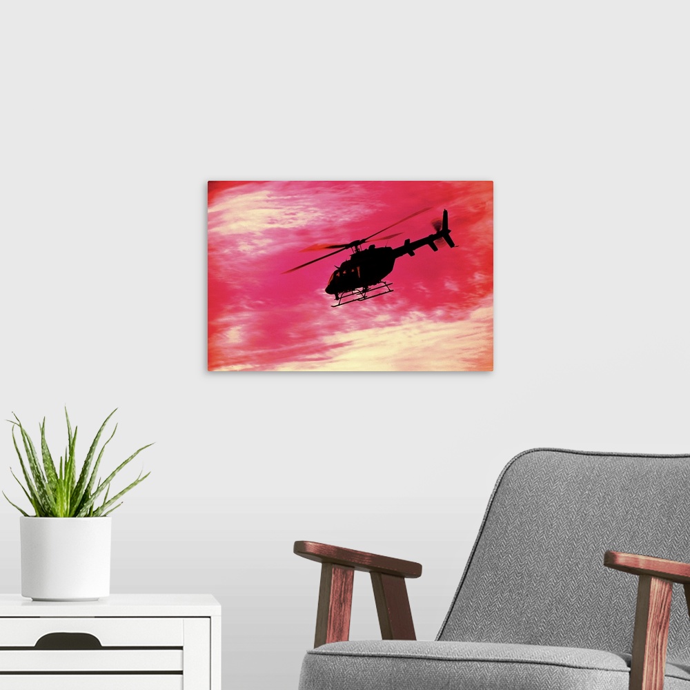 A modern room featuring Helicopter flying