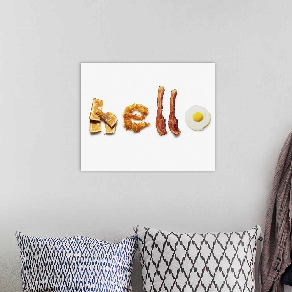 A bohemian room featuring 'Hello' written with breakfast food