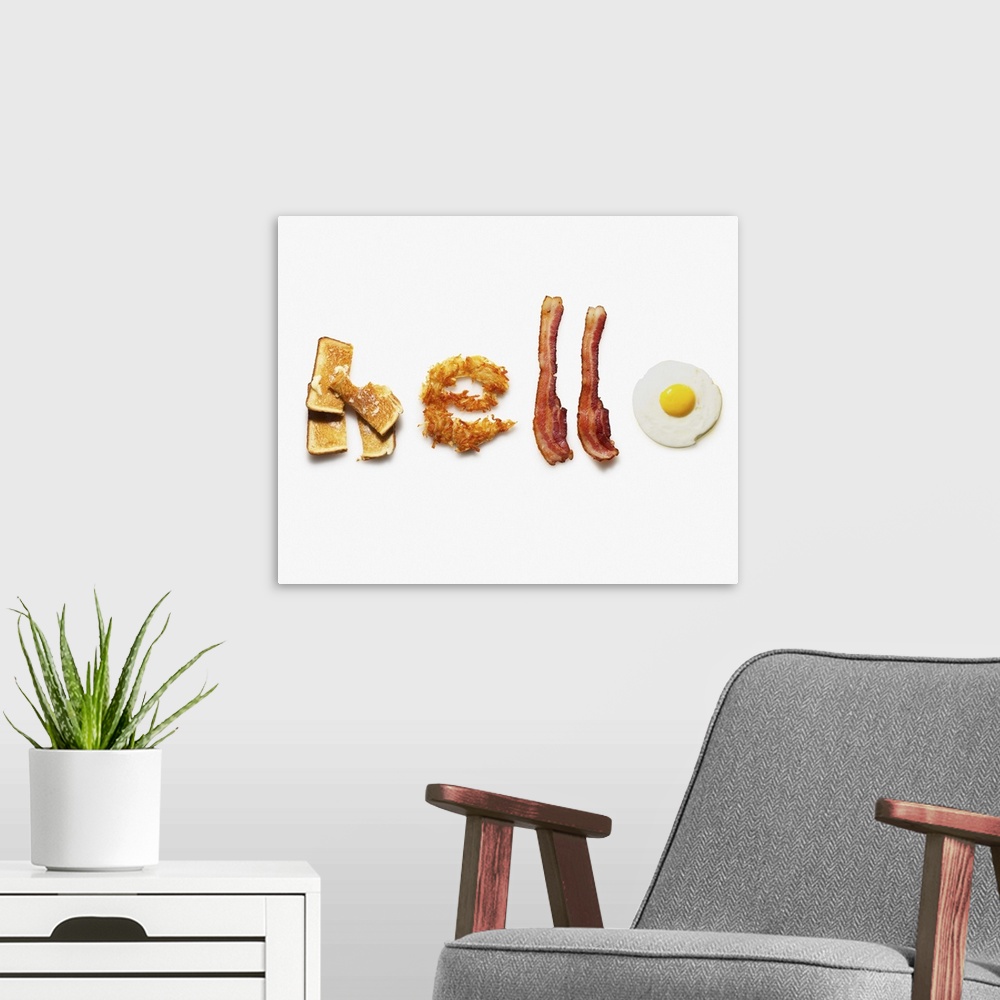 A modern room featuring 'Hello' written with breakfast food