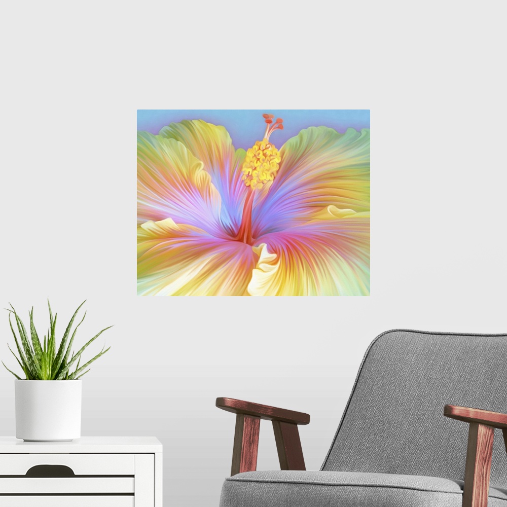 A modern room featuring Close up illustration of colorful hibiscus flower.