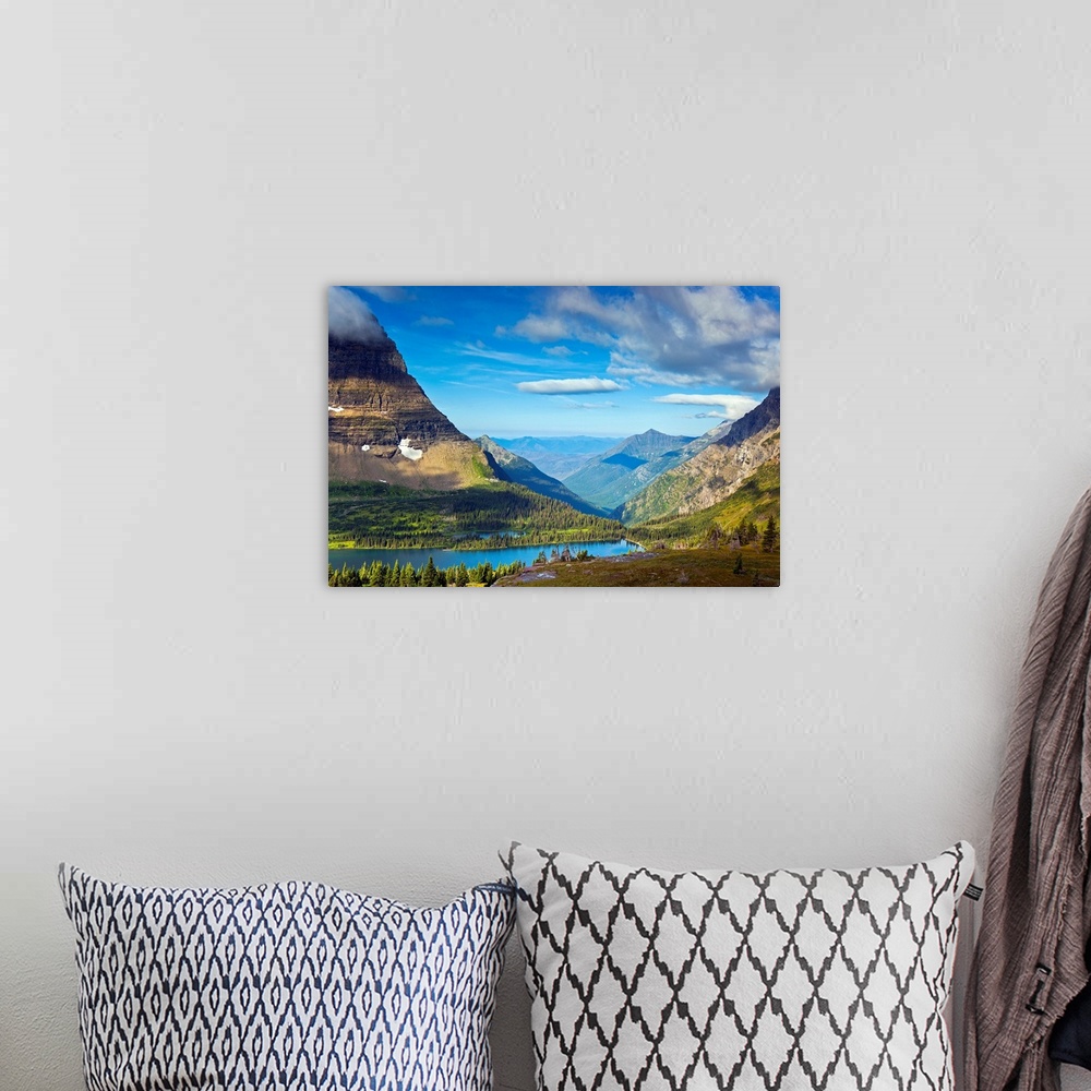 A bohemian room featuring Large, landscape photograph of  Hidden Lake from an overlook, surrounded by mountains in Glacier ...