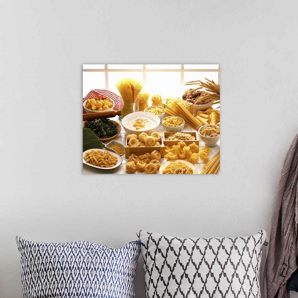 A bohemian room featuring high angle view of an array of assorted pastas