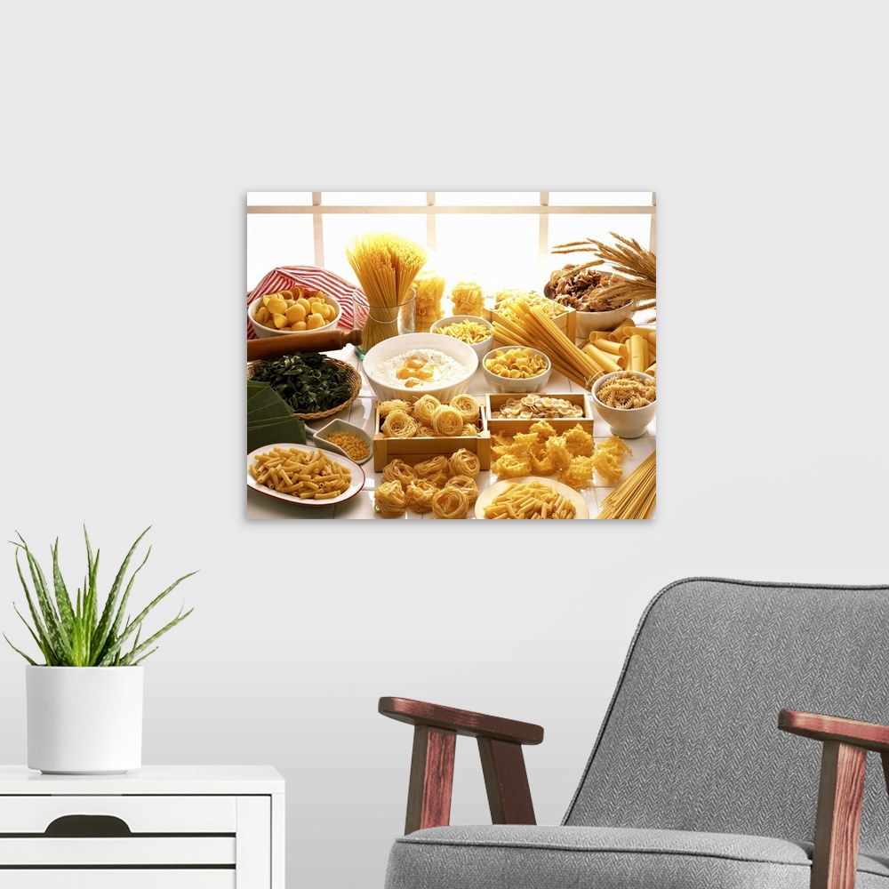 A modern room featuring high angle view of an array of assorted pastas
