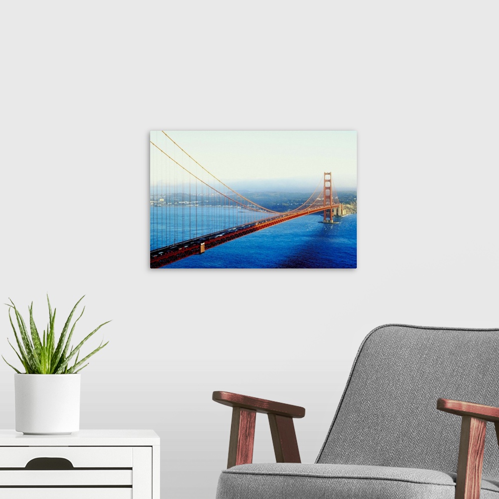 A modern room featuring High angle view of the Golden Gate Bridge