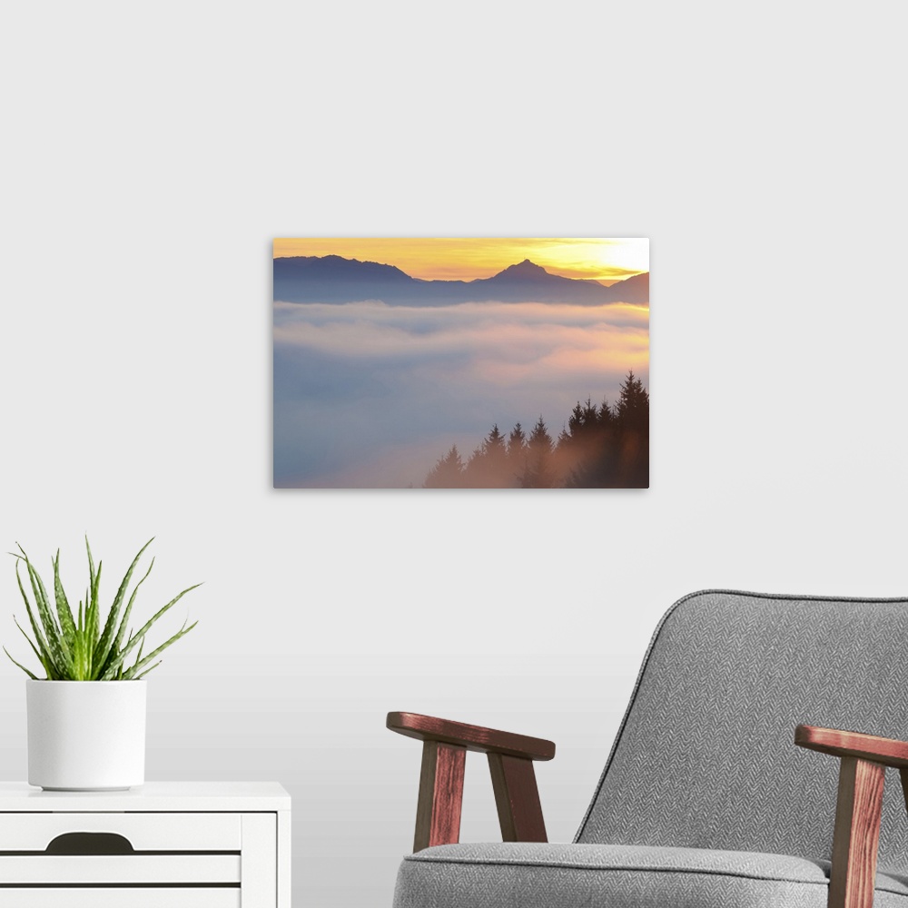 A modern room featuring View from Mt. Auerberg to the Alps, Bavaria.