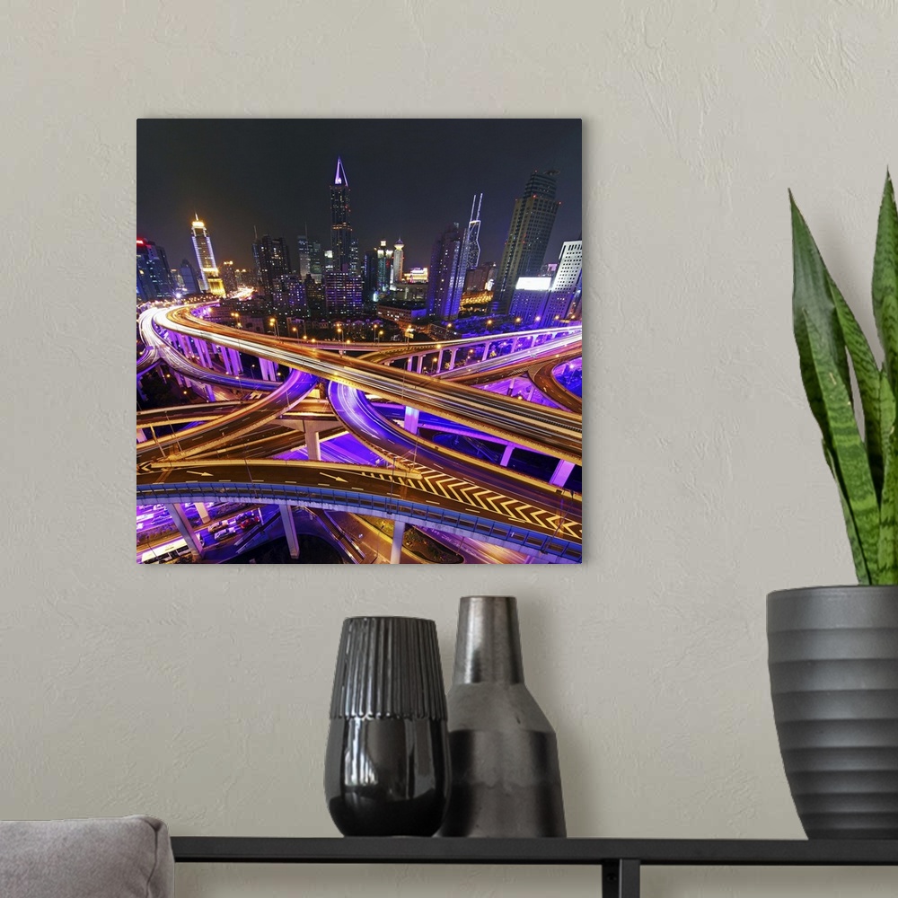 A modern room featuring Highway intersection at night, Shanghai, China.