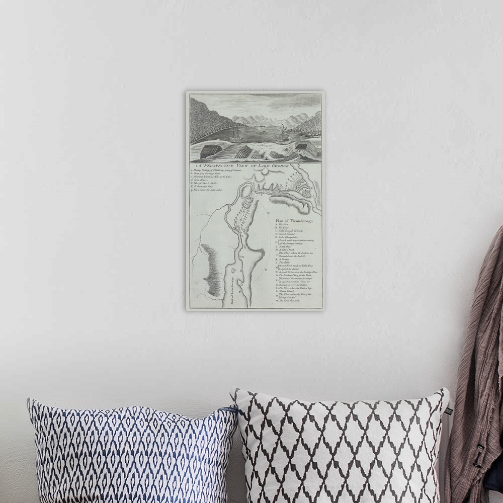 A bohemian room featuring Historical map and vignette of Lake George in New York state