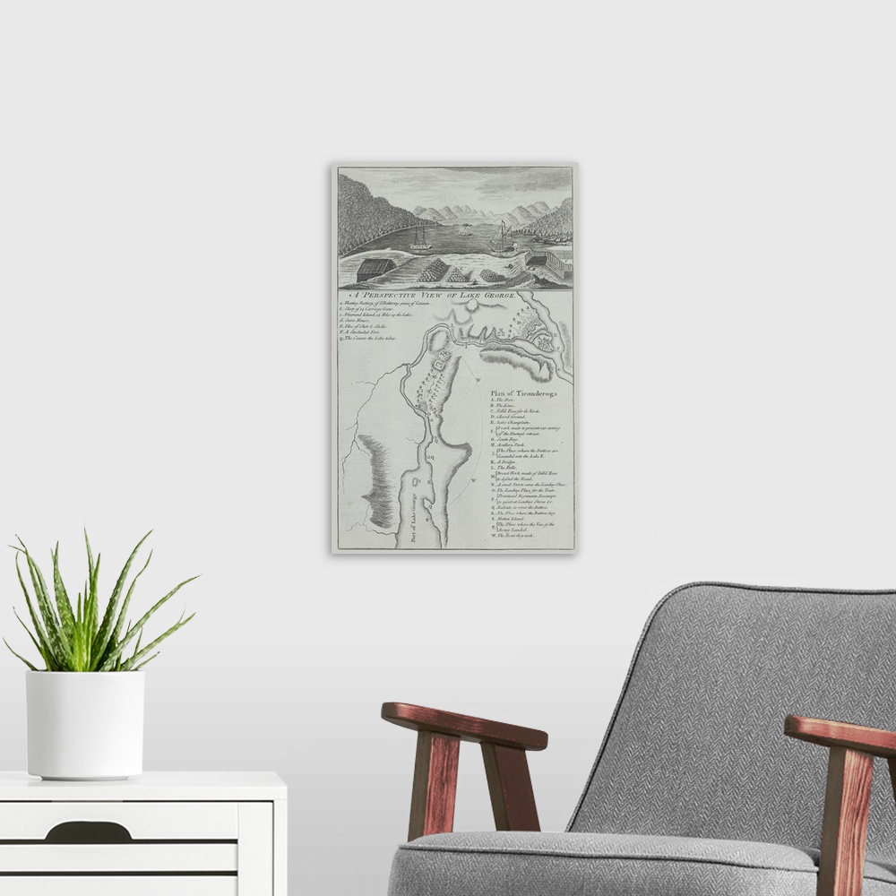 A modern room featuring Historical map and vignette of Lake George in New York state